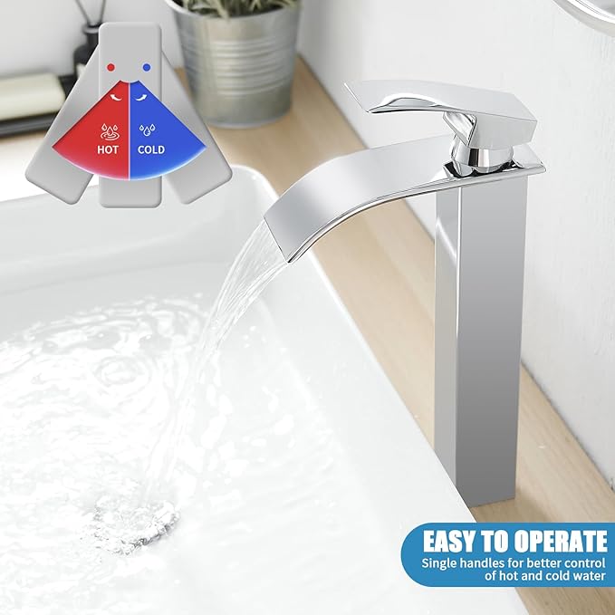 RUMOSE Tall Polished Chrome Bathroom Faucet with Pop Up Drain Modern Single Handle One Hole Bathroom Vessel Sink Faucet Waterfall Spout Rv Lavatory Vanity Faucet Deck Mount Mixer Tap, Stainless Steel