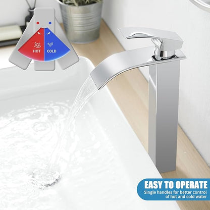 RUMOSE Tall Polished Chrome Bathroom Faucet with Pop Up Drain Modern Single Handle One Hole Bathroom Vessel Sink Faucet Waterfall Spout Rv Lavatory Vanity Faucet Deck Mount Mixer Tap, Stainless Steel