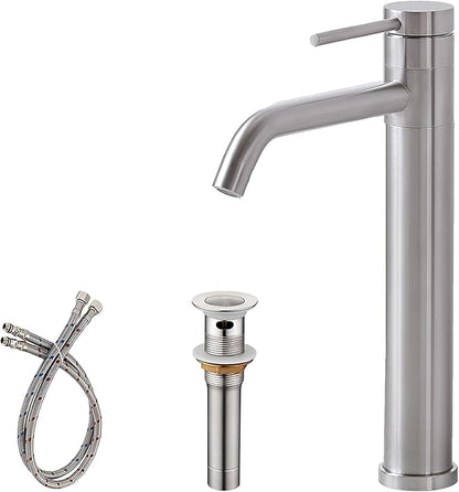 Hotis Vessel Sink Faucet Brushed Nickel, Stainless Steel Tall Bathroom Faucet with 360° Swivel Spout, Single Handle 1 Hole Bathroom Faucets with Supply Lines and Pop Up Drain, HT-TX110788L-New