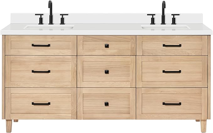ARIEL Monroe 72-inch Bathroom Vanity with Sink,Solid Wood, 1.5-inch Pure White Quartz Countertop & Backsplash, Double Oval Porcelain Sink, 9 Dovetail Drawers, Matte Black, White Oak