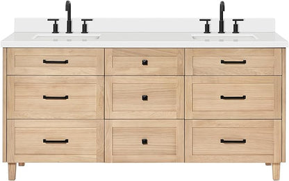 ARIEL Monroe 72-inch Bathroom Vanity with Sink,Solid Wood, 1.5-inch Pure White Quartz Countertop & Backsplash, Double Oval Porcelain Sink, 9 Dovetail Drawers, Matte Black, White Oak