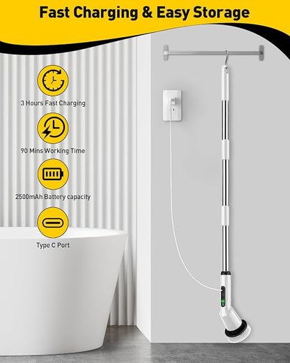 Electric Spin Scrubber for Bathroom, Shower Scrubber with Long Handle | Shower Cleaner Brushes, IPX7 Waterproof & 2 Speed, 8 Brush Heads, 90min Runtime, Bathroom Cleaning Supplies for Toilet Tub