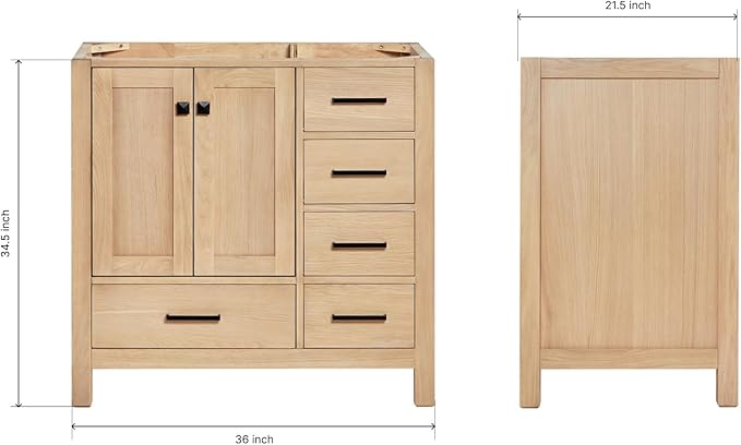 ARIEL Cambridge 36-inch Bathroom Vanity Base Cabinet,Solid Wood, 2 Soft Closing Doors, 5 Dovetail Drawers, White Oak