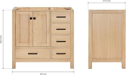 ARIEL Cambridge 36-inch Bathroom Vanity Base Cabinet,Solid Wood, 2 Soft Closing Doors, 5 Dovetail Drawers, White Oak