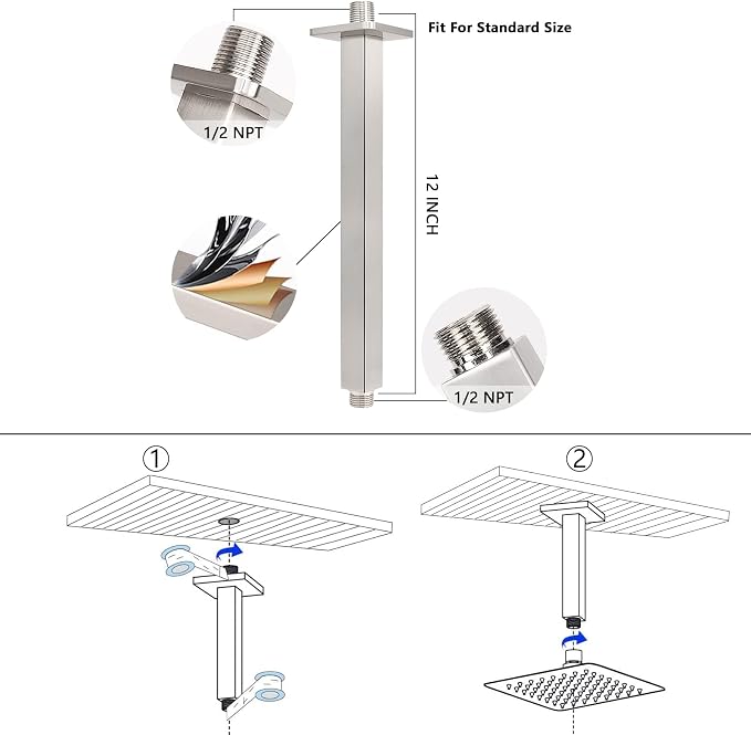 NearMoon Rain Shower Head With Shower Arm, Ceiling Mount Square Shower, Stainless Steel Ceiling Rainfall Showerhead- Waterfall Full Body Coverage (16 Inch, Brushed Nickel)