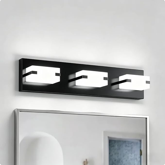 LED Bathroom Light Fixtures, 3-Light Modern Vanity Lights with Milky White Frosted Acrylic Shades, Matte Black Bathroom Lighting fixtures Over Mirror, ETL Listed, 20W (Cool White 5700K)