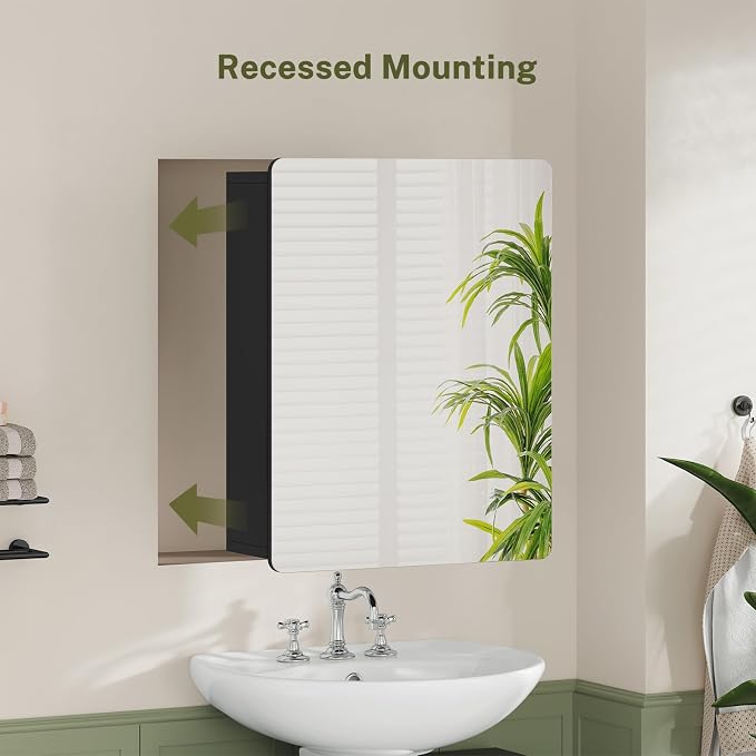Medicine Cabinet Mirror with 2 Adjustable Shelves, Bathroom Mirror with Storage, Recessed or Wall Mount Bathroom Cabinet, Black UNGGX004H