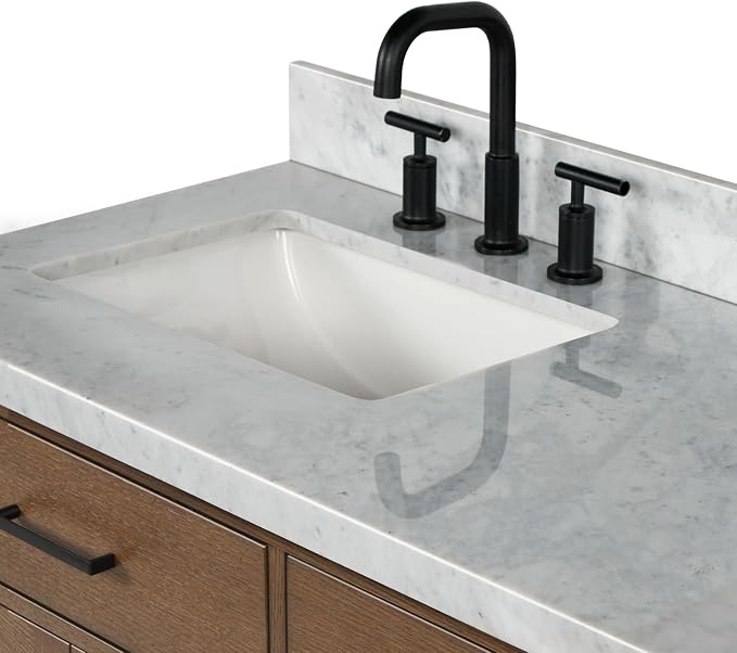 Isabella 66-Inch Brown Oak Double Bathroom Vanity with Sink, 1.5-Inch Edge Italian Carrara Marble Countertop & 4" Backsplash, Soft-Closing Doors & Drawers, Solid Oak Wood Construction