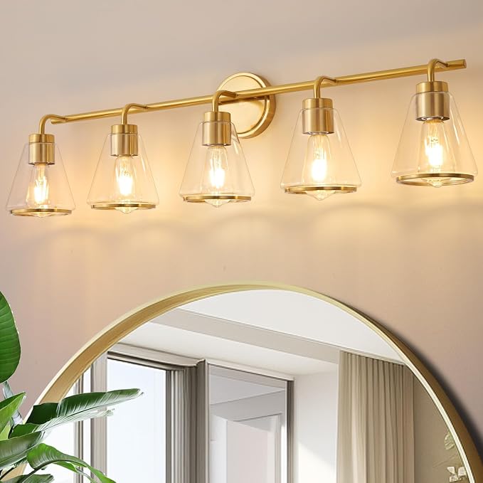 38.5" 5-Light Brushed Gold Modern Bathroom Vanity Light Fixture Over Mirror | Clear Glass Shade, Heat-Resistant Ceramic E26 Socket, Wall Sconces, Rustproof, Fit 40–48 Inch Mirrors for Vanity Table