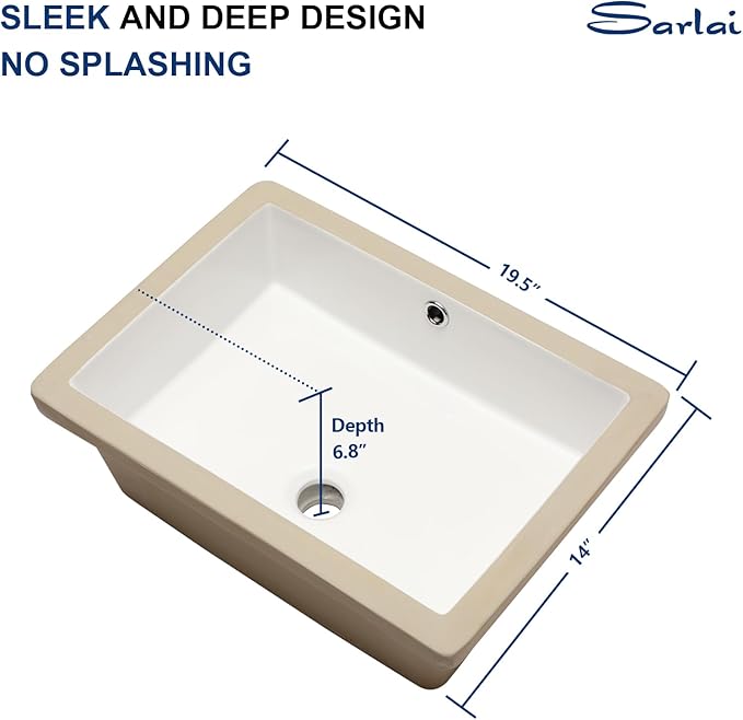 Sarlai Bathroom Sink Undermount Rectangular - 20"x14" Pure White Rectrangle Undermount Sink Porcelain Ceramic Lavatory Vanity Bathroom Sink