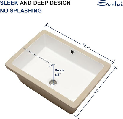 Sarlai Bathroom Sink Undermount Rectangular - 20"x14" Pure White Rectrangle Undermount Sink Porcelain Ceramic Lavatory Vanity Bathroom Sink