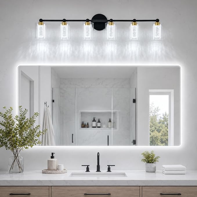 Black and Gold Vanity Light with 3 Color Modes, Eye Protection LED Bathroom Light Fixtures, Dimmable Modern Wall Light Over Mirror with Clear Glass Shade (Black & Gold, 6-Light)