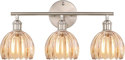 Bathroom Light Fixtures, 3-Light Vanity wall Light Over Mirror with Amber Tulip Glass Shade for Bedroom Living Room (Bulb Not Included), Satin Nickel