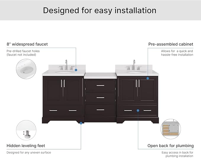ARIEL Stafford 84-inch Bathroom Vanity with Sink,Solid Wood, 1.5in Pure White Quartz Countertop & Backsplash, Double Oval Porcelain Sink, 4 Soft Closing Doors, 5 Dovetail Drawers, Espresso