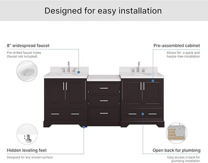 ARIEL Stafford 84-inch Bathroom Vanity with Sink,Solid Wood, 1.5in Pure White Quartz Countertop & Backsplash, Double Oval Porcelain Sink, 4 Soft Closing Doors, 5 Dovetail Drawers, Espresso