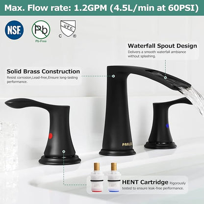 PARLOS Waterfall Widespread Bathroom Faucet Two Handles with Metal Pop Up Drain & cUPC Faucet Supply Lines, Matte Black, Demeter 1431804