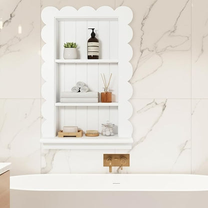 Royxen Bathroom Wall Cabinet with 3-Tier Shelves,Wooden Recessed Medicine Cabinet Over Toilet Storage Cabinet,Scalloped Large Medicine Cabinet Niche for Bathroom Storage Organizer,18 x 24 Inch, White