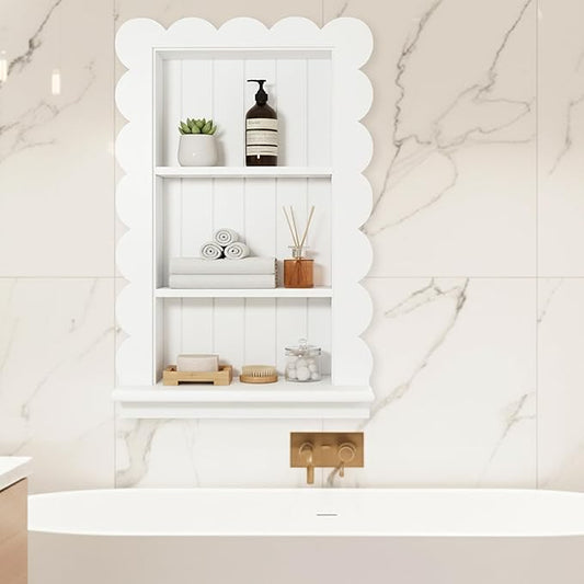 Royxen Bathroom Wall Cabinet with 3-Tier Shelves,Wooden Recessed Medicine Cabinet Over Toilet Storage Cabinet,Scalloped Large Medicine Cabinet Niche for Bathroom Storage Organizer,18 x 24 Inch, White