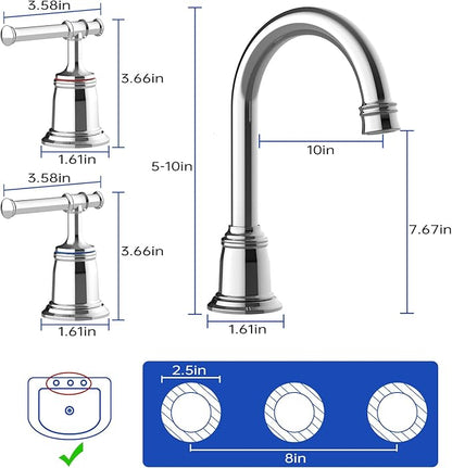 Classical 8 inch Bathroom Faucet, Bathroom faucets for Sink 3 Holes, Widespread Brushed Nickel Bathroom Faucet with Pop Up Drain and cUPC Lead-Free Hose (Chrome 1 Packs)
