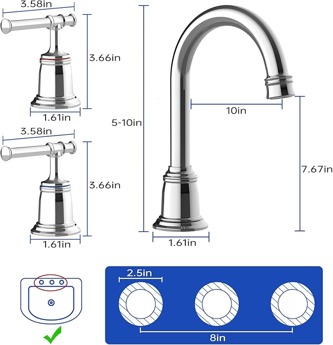 Classical 8 inch Bathroom Faucet, Bathroom faucets for Sink 3 Holes, Widespread Brushed Nickel Bathroom Faucet with Pop Up Drain and cUPC Lead-Free Hose (Chrome 2 Packs)
