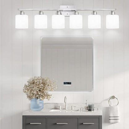 Brushed Nickel Vanity Light for Large Mirror, 6 Light Bathroom Lighting Fixtures Over Mirror with Milky White Frosted Glass Shades, 38 inch Bathroom Light for Mirrors, E26 Socket