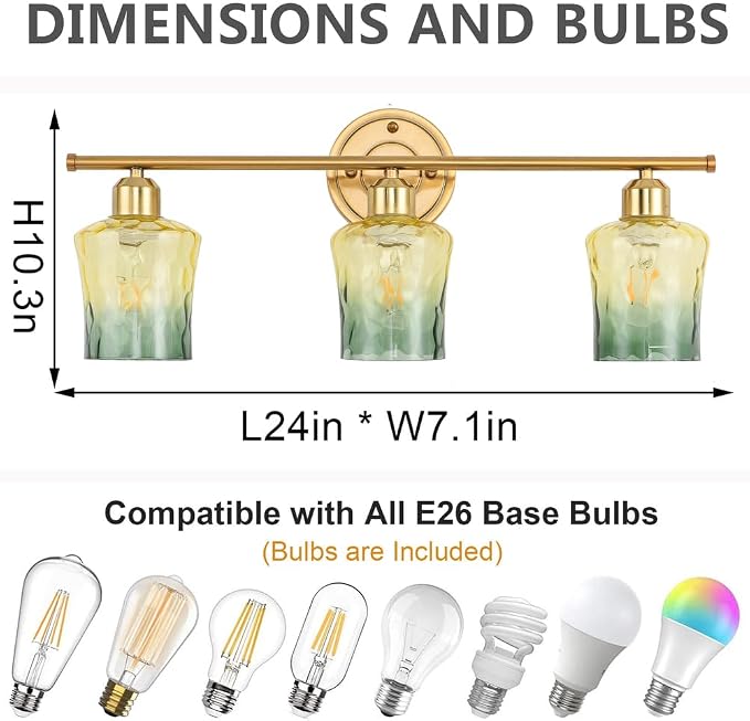 Modern 3-Light Glass Bathroom Light Over Mirror, Gold Vanity Light with Yellow Green Gradient Glass Shade, E26 Bathroom Vanity Light, for Kitchen, Hallway, Cabinet, Bedroom, Living Room