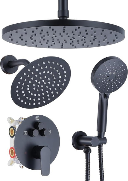 Woindo Shower Faucet Set 10" Rain Shower Head/8'' Side Shower Head and 3 Setting Handheld Ceiling Mount 3 Push Button Diverter Complete Rainfall Round Shower System Included Valve Trim Kit