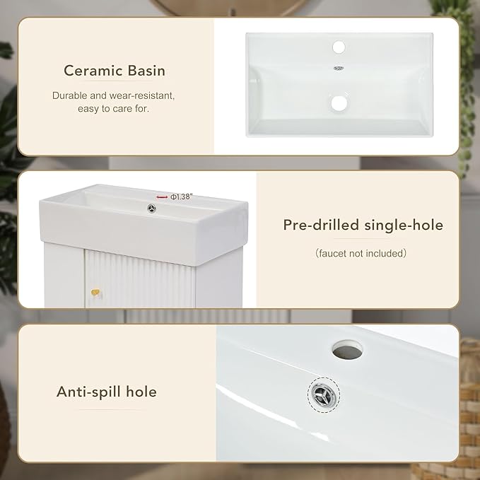 21.6 in Floating Bathroom Vanity with Sink,Soft Closing Doors,Solid Wood Frame & MDF Modern Single Small White Bathroom Vanity Cabinet with Open Shelf,Wall Mounted