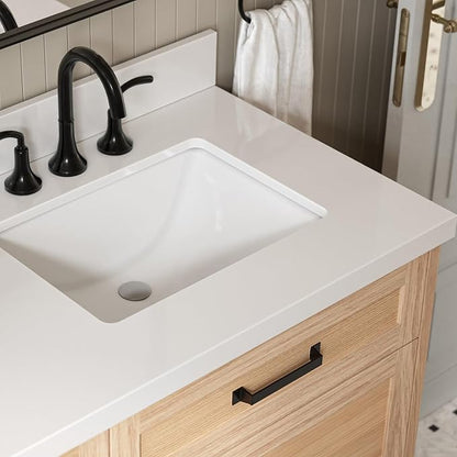 ARIEL Monroe 72-inch Bathroom Vanity with Sink,Solid Wood, 1.5-inch Pure White Quartz Countertop & Backsplash, Double Oval Porcelain Sink, 9 Dovetail Drawers, Matte Black, White Oak