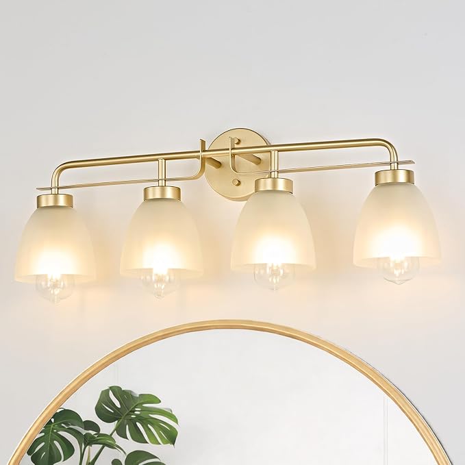 28 Inch Mid-Century Modern Vanity Lights, 4-Light Golden Bathroom Light Fixture with Frosted White Bell Shades, Industrial Wall Sconce for Mirror Over Vanity, Bedroom, Hallway