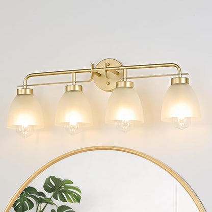 28 Inch Mid-Century Modern Vanity Lights, 4-Light Golden Bathroom Light Fixture with Frosted White Bell Shades, Industrial Wall Sconce for Mirror Over Vanity, Bedroom, Hallway