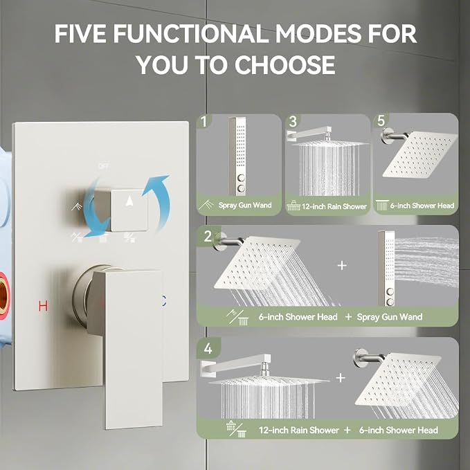 Shower System 12''Wall Mounted Shower Faucet Sets and 6 ''Wall Mounted Shower Head, Bostingner Diverter 5 Function Dual Shower System with 2 in 1 Shower Handheld Brushed Nickel