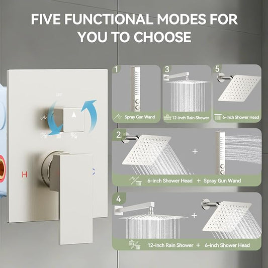 Shower System 12''Wall Mounted Shower Faucet Sets and 6 ''Wall Mounted Shower Head, Bostingner Diverter 5 Function Dual Shower System with 2 in 1 Shower Handheld Brushed Nickel