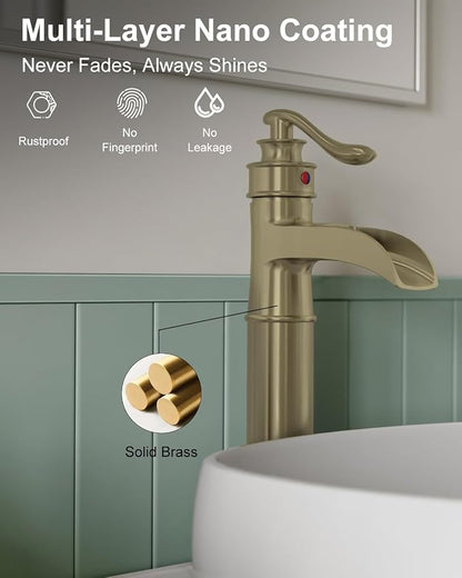 BWE Waterfall Vessel Sink Faucet Brushed Gold Bathroom Faucet 1 Hole | Single Handle Tall Bathroom Faucets with Pop Up Drain Assembly and Supply Lines Lavatory Vanity Bath Mixer Tap