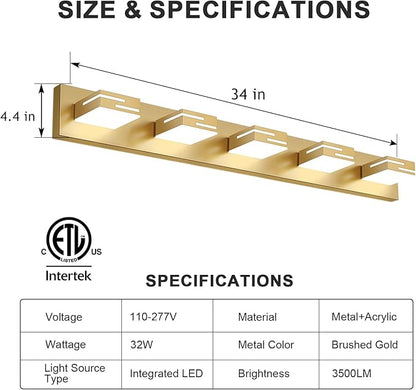 LED Modern Bathroom Vanity Light Fixtures, 5-Light 34-inch Dimmable Gold Vanity Lights for Bathroom Lighting Fixtures Over Mirror, with 350° Rotatable Heads (Cool White 6000K)