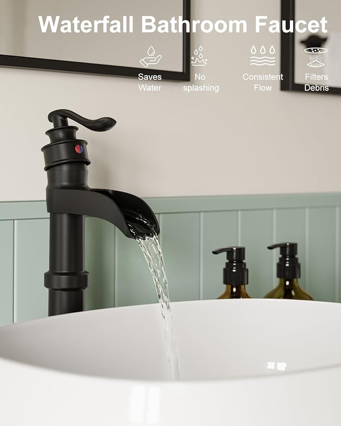 BWE Matte Black Vessel Sink Faucet Waterfall Tall Bathroom Faucet | Single Handle 1 Hole Brass Countertop Lavatory Vanity Mixer Tap with Pop Up Drain and Supply Lines for RV Bar No Overflow