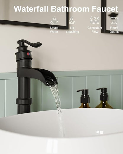 BWE Matte Black Vessel Sink Faucet Waterfall Tall Bathroom Faucet | Single Handle 1 Hole Brass Countertop Lavatory Vanity Mixer Tap with Pop Up Drain and Supply Lines for RV Bar No Overflow
