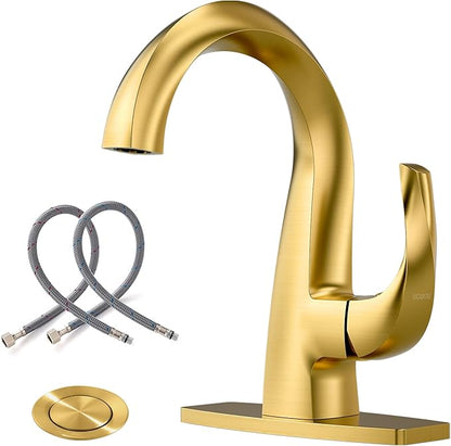 WOWOW Single Handle Bathroom Faucet 1 Hole High Arc Bathroom Basin Faucet Gold with Pop Up Drain, Solid Brass Commercial Bathroom Sink Faucet Basin Vanity Bar Faucet (Patented Product)