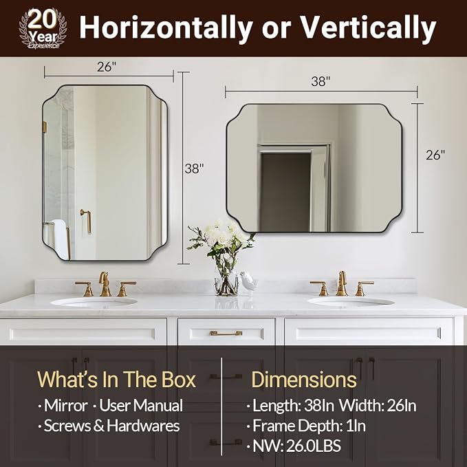 Matte Black Mirror 26x38 Inch, Scalloped Wall Mirror, Unique Rectangular Bathroom Mirror in Premium Stainless Steel Metal Frame 1’’ Deep, Hangs Vertically/Horizontally