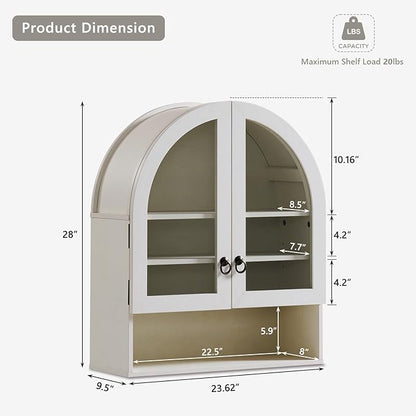 IFGET Bathroom Arched Wall Cabinet, 23.6'' Wide Medicine Cabinet with Adjustable Shelves & Glass Doors, Over The Toilet Storage Wall Mount Cabinet for Laundry Room,Kitchen & Living Room, Antique White