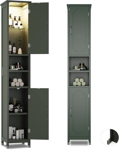 67" Tall Bathroom Storage Cabinet with Lights, Slim Narrow Bathroom Cabinet Organizer with Doors and Adjustable Shelves, Tall Cabinet for Small Space (66.9" Tall-Green with Light)