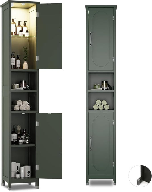 67" Tall Bathroom Storage Cabinet with Lights, Slim Narrow Bathroom Cabinet Organizer with Doors and Adjustable Shelves, Tall Cabinet for Small Space (66.9" Tall-Green with Light)
