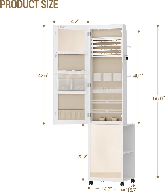 Hzuaneri 8 LEDs Jewelry Cabinet Armoire, 66.9-inch Jewelry Organizer | Lockable Full-length Mirror with Garment Rack & 4 Wheels, Storage Shelves with Hooks, 5-in-1, White and Beige JC17003BE