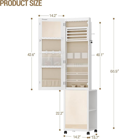 Hzuaneri 8 LEDs Jewelry Cabinet Armoire, 66.9-inch Jewelry Organizer | Lockable Full-length Mirror with Garment Rack & 4 Wheels, Storage Shelves with Hooks, 5-in-1, White and Beige JC17003BE