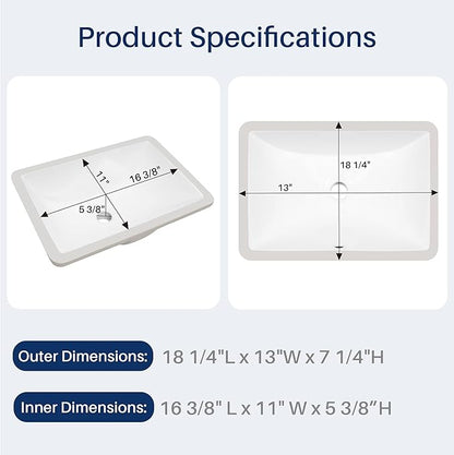 Enbol Undermount Bathroom Sink Rectangle 18x13 Inch White Ceramic Vessel Sink Under Counter Lavatory Vanity Vessel Sink with Overflow ECU1611
