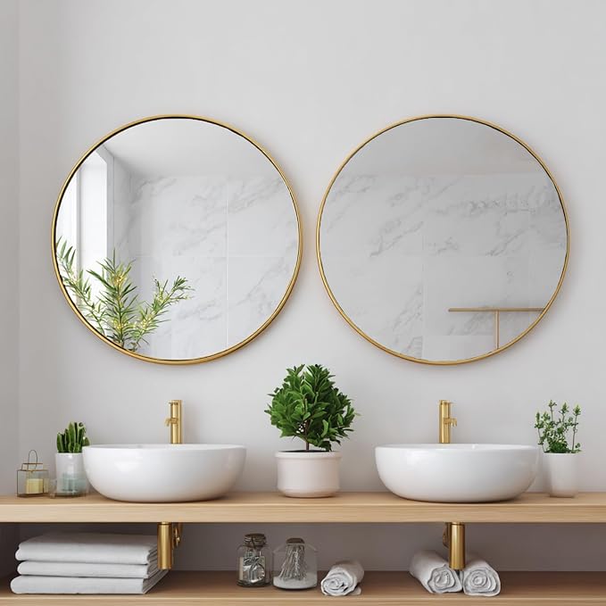 Gold Bathroom Mirror 30 inch,2 Pack Wall Mirror,Brushed Metal Frame | High Definition Mirror, Easy Installation, Circular Mirrors for Living room Cloakroom, Hallway, Bathroom