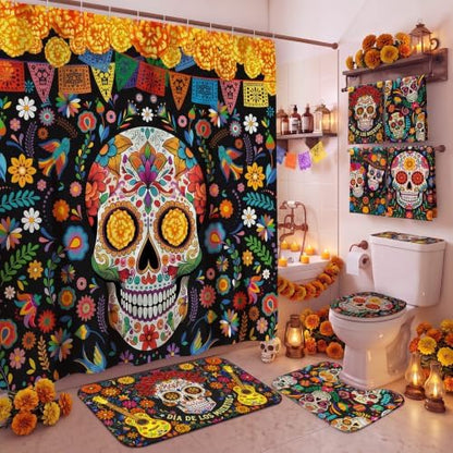 FuWeave 8 Pcs Day of the Dead Shower Curtain Set for Bathroom Decor, Mexican Sugar Skull & Floral Dia De Los Muertos Shower Curtain with Towels, Non Slip Bath Mat, Toilet Lid Cover and 12 Hooks