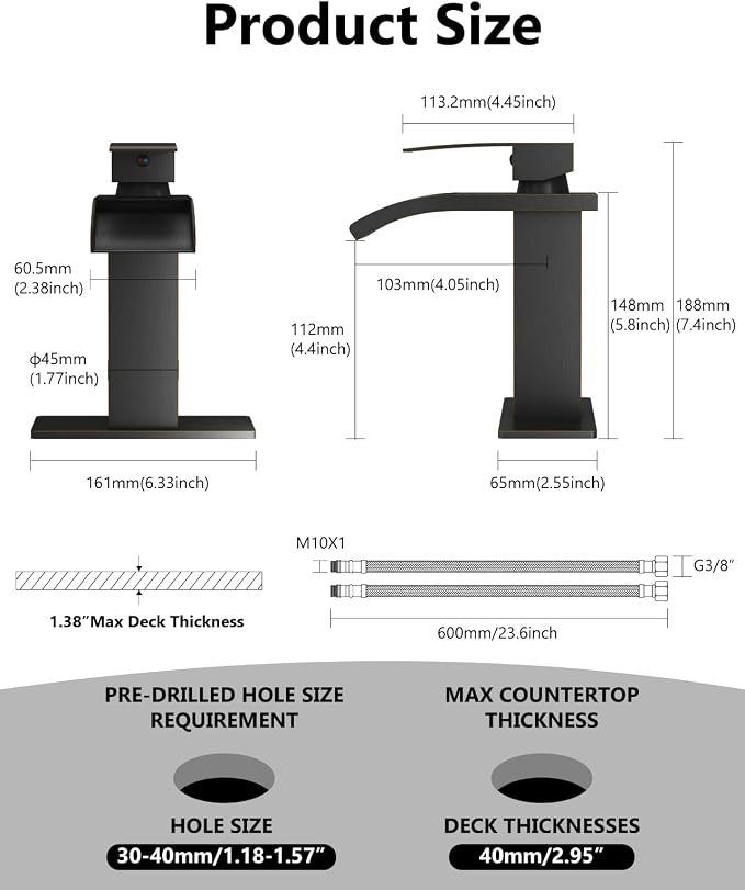 Oil Rubbed Bronze Waterfall Bathroom Faucet 1-Handle Vanity Faucet | Stainless Steel Modern Bathroom Sink Faucet,Pop-Up Drain, Supply Lines 6-in Deck Plate, 1- or 3-Hole, NSF Certified