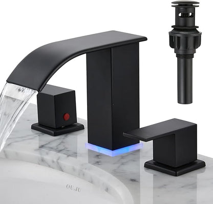 Bathroom Faucet 3 Hole, Matte Black Waterfall Bathroom Faucets, 8 Inch Widespread Modern Bathroom Sink Faucet & Parts, Wide Spread Touch On Three Hole 2 Handle Bathroom Vanity Faucet