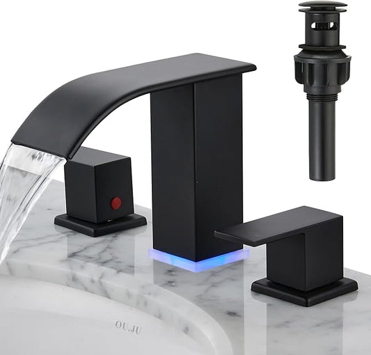 Bathroom Faucet 3 Hole, Matte Black Waterfall Bathroom Faucets, 8 Inch Widespread Modern Bathroom Sink Faucet & Parts, Wide Spread Touch On Three Hole 2 Handle Bathroom Vanity Faucet
